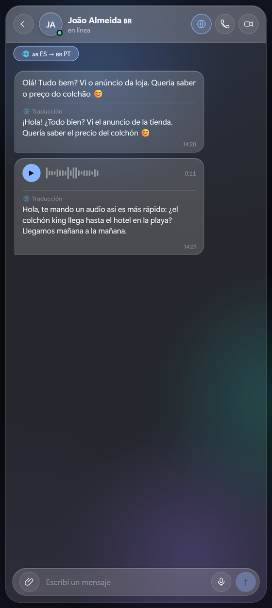 Traductor automático de GloxPin: portugués a español con audio